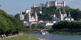 View of the Old City of Salzburg from the banks of the River Salzsach