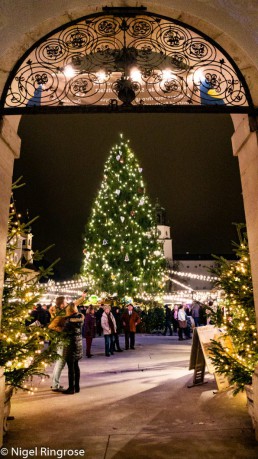 Christmas Tree through arch into Residenzplatz in Salzburg